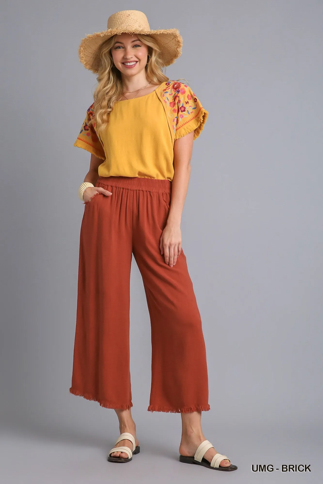 Rust Linen Blend  Pant w/ Elastic Waist